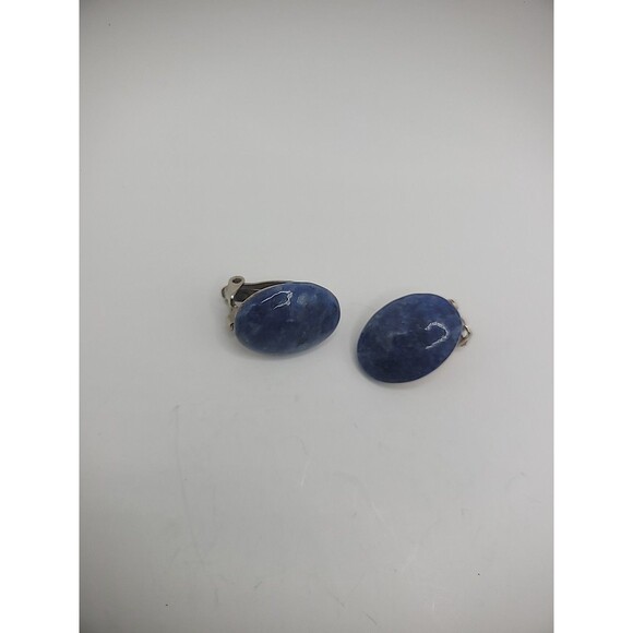 Vintage Earrings Clip On Sodalite Stone Gold Tone Jewelry Costume - Picture 10 of 13